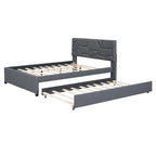 Grey Linen Upholstered Platform Bed with Brick Pattern Headboard & Trundle – Full / Queen – 2 Person