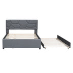 Grey Linen Upholstered Platform Bed with Brick Pattern Headboard & Trundle – Full / Queen – 2 Person