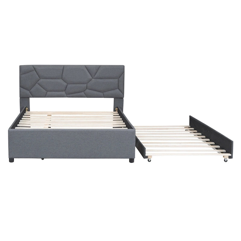 Grey Linen Upholstered Platform Bed with Brick Pattern Headboard & Trundle – Full / Queen – 2 Person