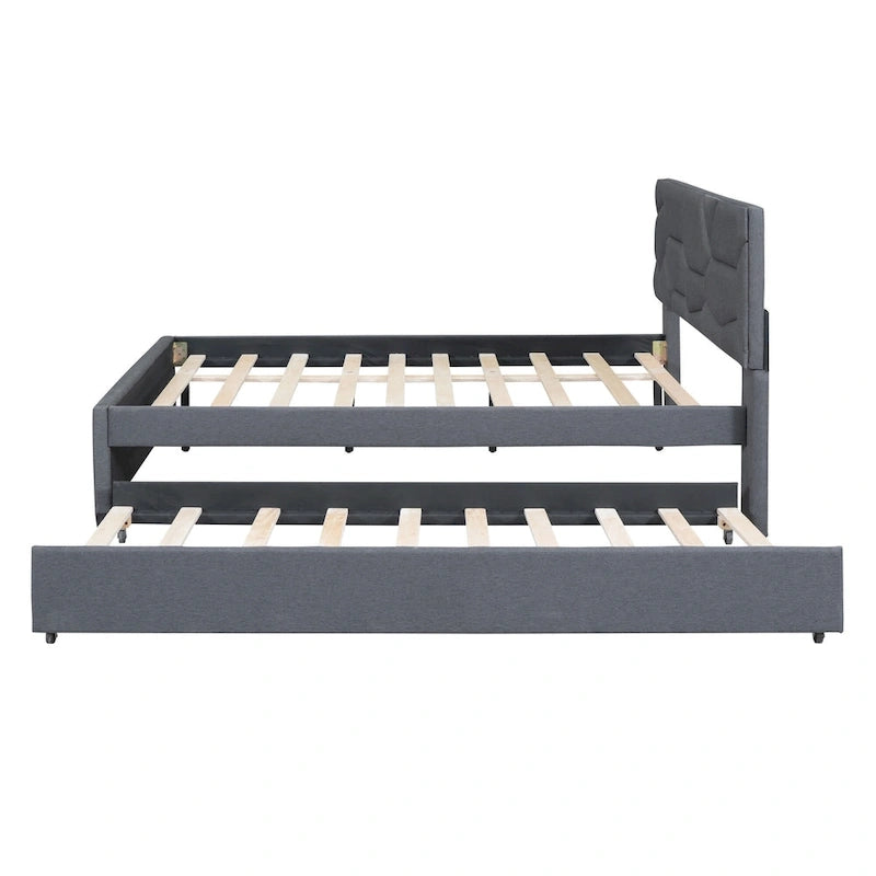 Grey Linen Upholstered Platform Bed with Brick Pattern Headboard & Trundle – Full / Queen – 2 Person