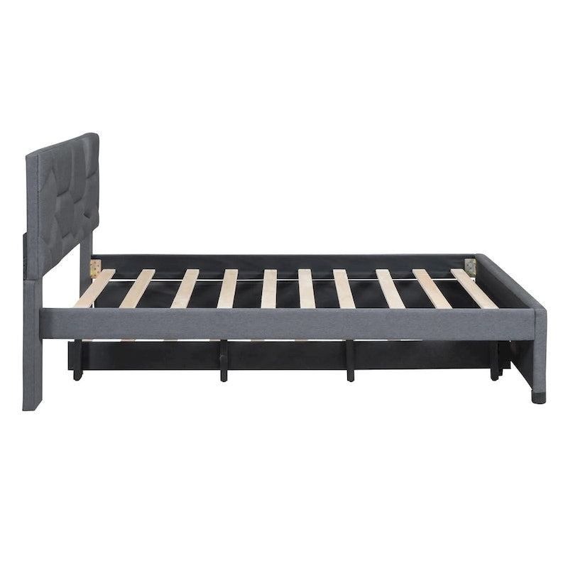 Grey Linen Upholstered Platform Bed with Brick Pattern Headboard & Trundle – Full / Queen – 2 Person