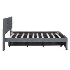 Grey Linen Upholstered Platform Bed with Brick Pattern Headboard & Trundle – Full / Queen – 2 Person