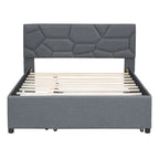 Grey Linen Upholstered Platform Bed with Brick Pattern Headboard & Trundle – Full / Queen – 2 Person
