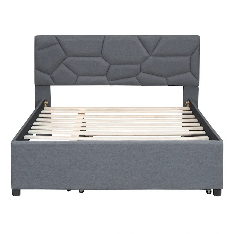 Grey Linen Upholstered Platform Bed with Brick Pattern Headboard & Trundle – Full / Queen – 2 Person