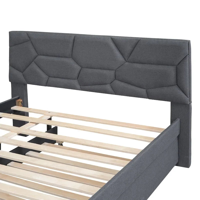 Grey Linen Upholstered Platform Bed with Brick Pattern Headboard & Trundle – Full / Queen – 2 Person