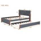 Grey Linen Upholstered Platform Bed with Brick Pattern Headboard & Trundle – Full / Queen – 2 Person