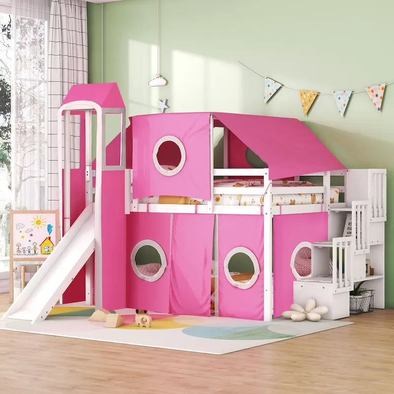 Blue / Pink Full Size Castle Playhouse Loft Bed with Window Cutouts & Fence Railings – 1 Person