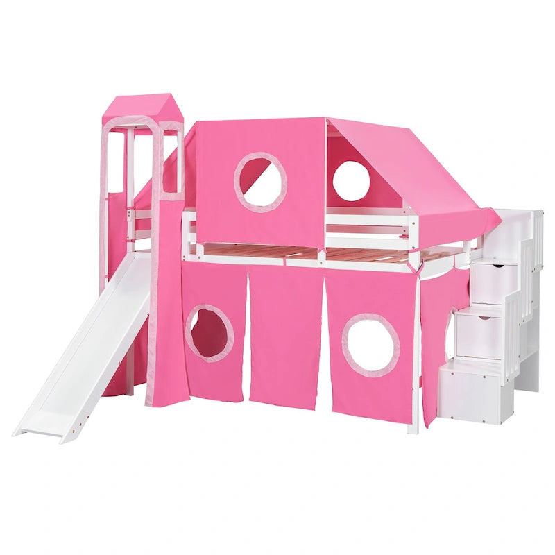 Blue / Pink Full Size Castle Playhouse Loft Bed with Window Cutouts & Fence Railings – 1 Person