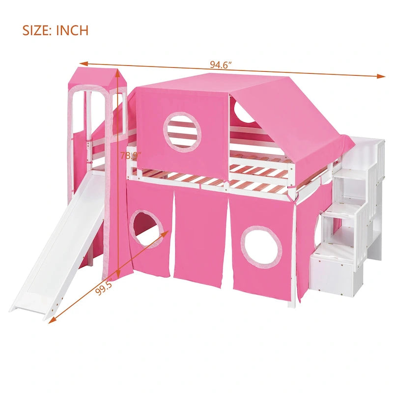 Blue / Pink Full Size Castle Playhouse Loft Bed with Window Cutouts & Fence Railings – 1 Person