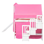Blue / Pink Full Size Castle Playhouse Loft Bed with Window Cutouts & Fence Railings – 1 Person