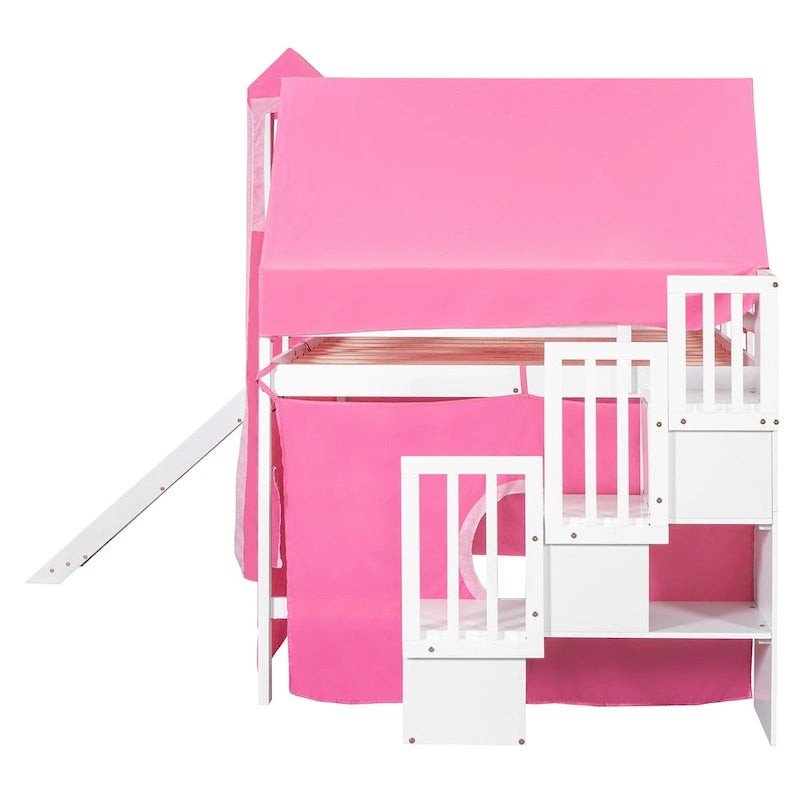 Blue / Pink Full Size Castle Playhouse Loft Bed with Window Cutouts & Fence Railings – 1 Person