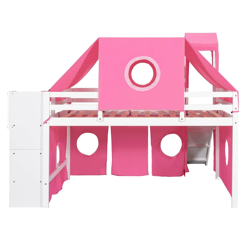 Blue / Pink Full Size Castle Playhouse Loft Bed with Window Cutouts & Fence Railings – 1 Person
