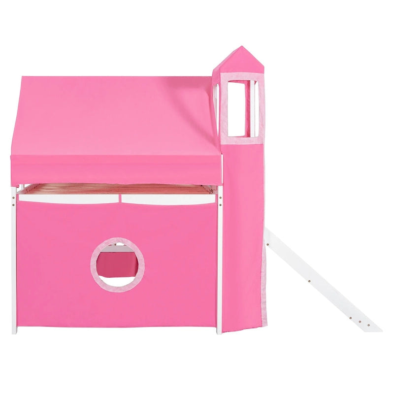 Blue / Pink Full Size Castle Playhouse Loft Bed with Window Cutouts & Fence Railings – 1 Person