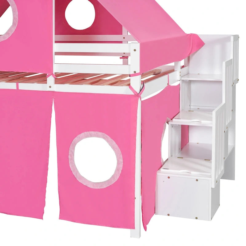 Blue / Pink Full Size Castle Playhouse Loft Bed with Window Cutouts & Fence Railings – 1 Person
