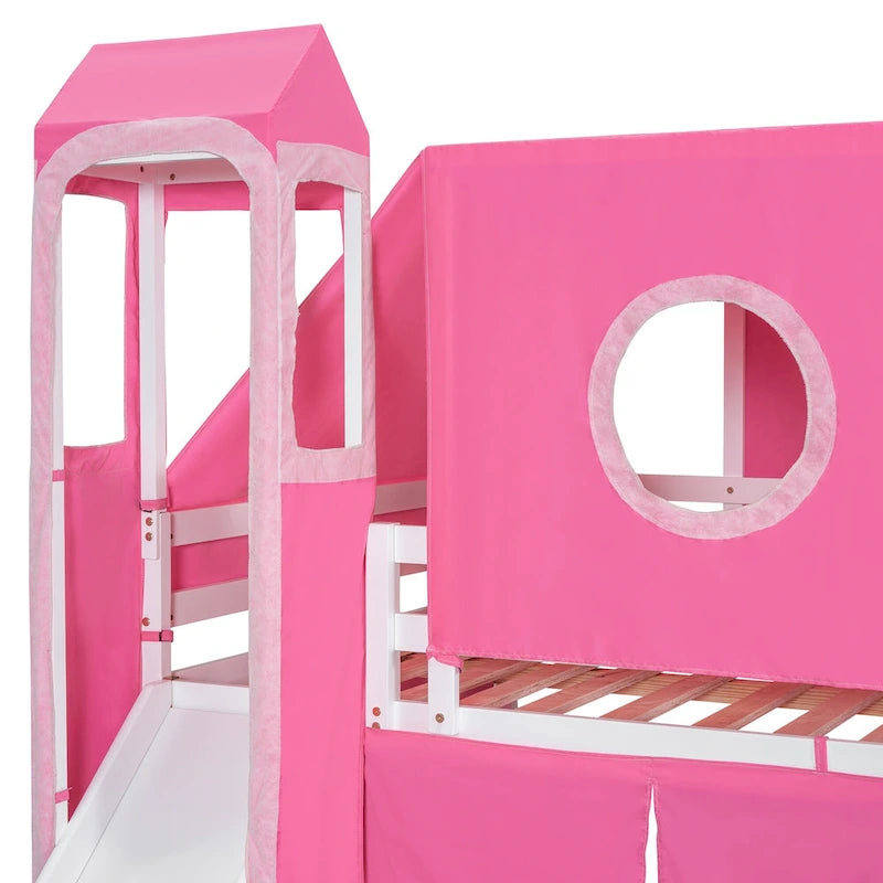 Blue / Pink Full Size Castle Playhouse Loft Bed with Window Cutouts & Fence Railings – 1 Person