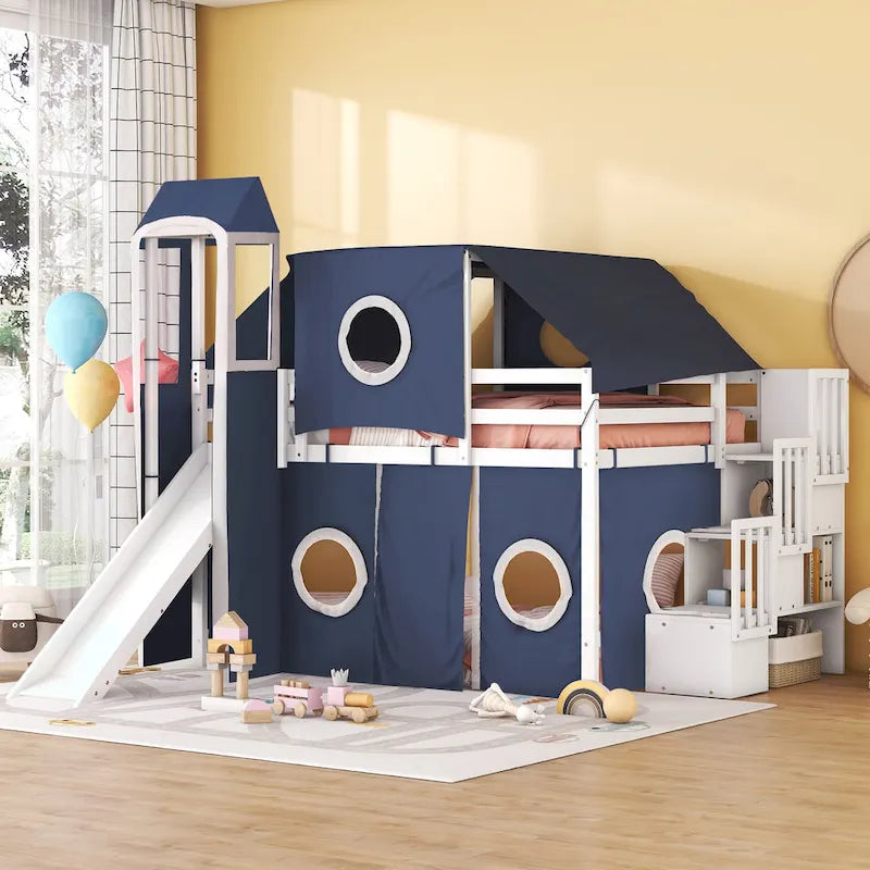 Blue / Pink Full Size Castle Playhouse Loft Bed with Window Cutouts & Fence Railings – 1 Person
