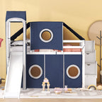 Blue / Pink Full Size Castle Playhouse Loft Bed with Window Cutouts & Fence Railings – 1 Person