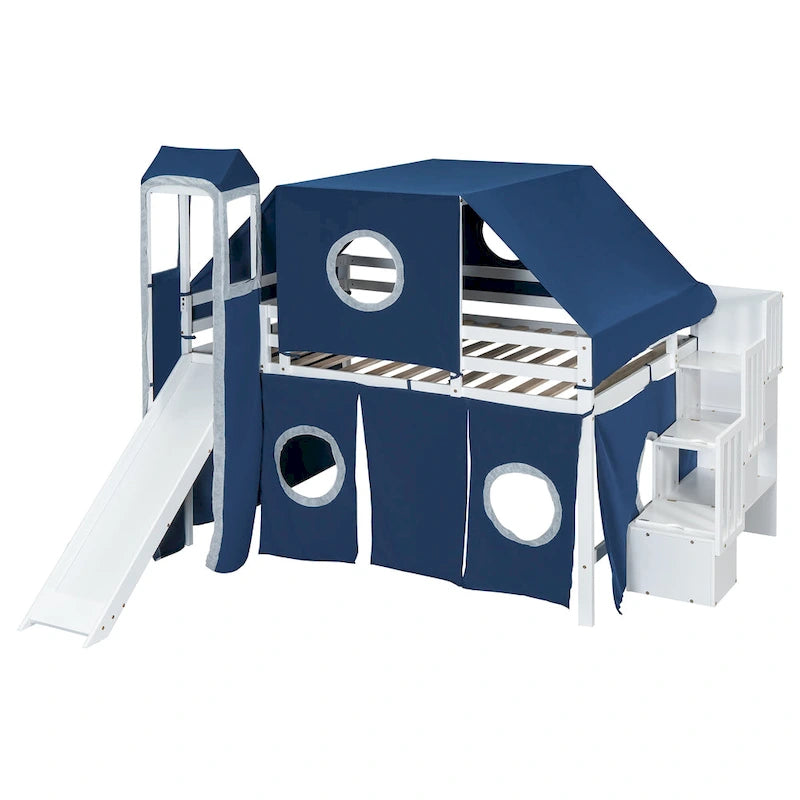 Blue / Pink Full Size Castle Playhouse Loft Bed with Window Cutouts & Fence Railings – 1 Person