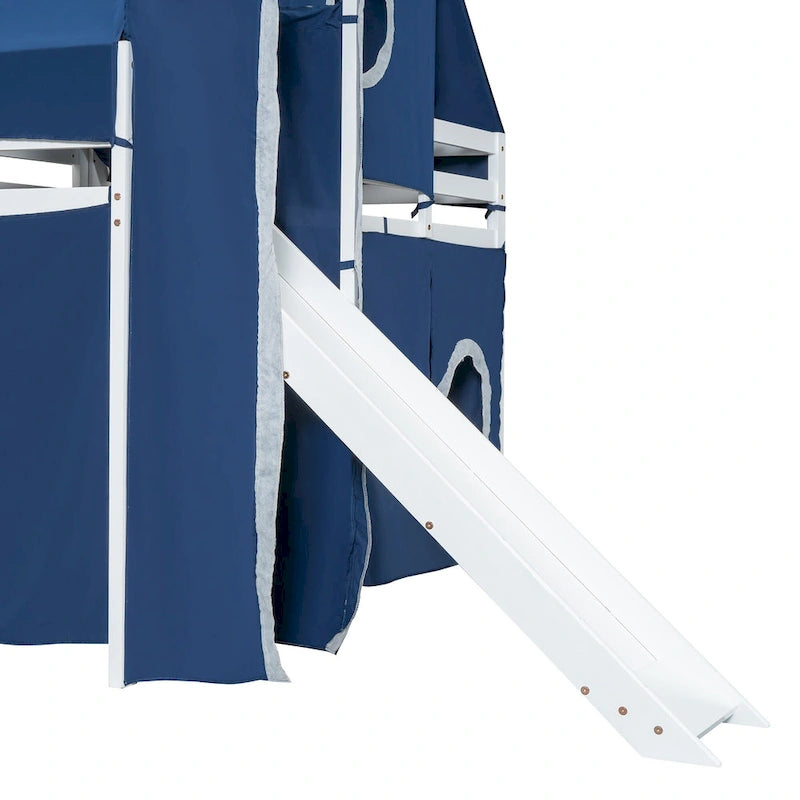 Blue / Pink Full Size Castle Playhouse Loft Bed with Window Cutouts & Fence Railings – 1 Person