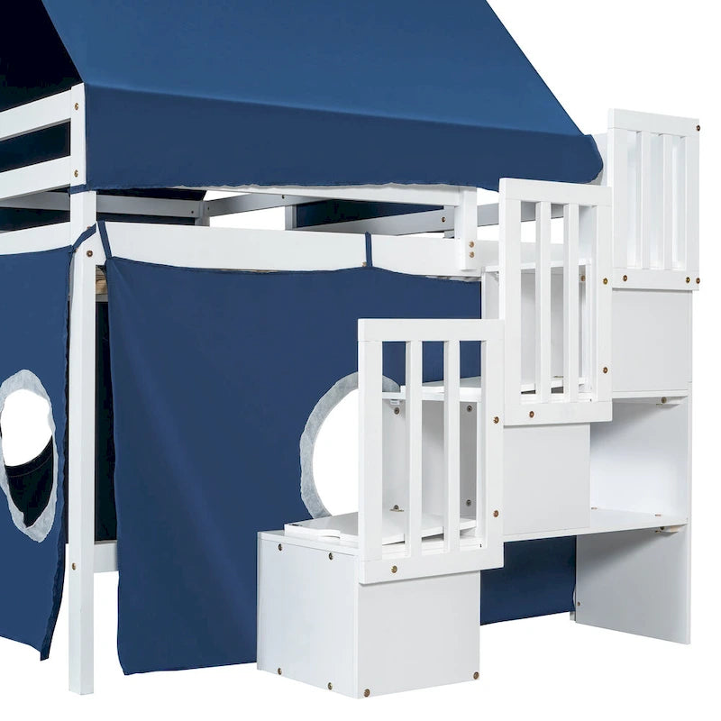 Blue / Pink Full Size Castle Playhouse Loft Bed with Window Cutouts & Fence Railings – 1 Person