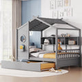 Gray Full Size Pine Wood House Bed with Trundle & Back Shelves – 1-2 Person