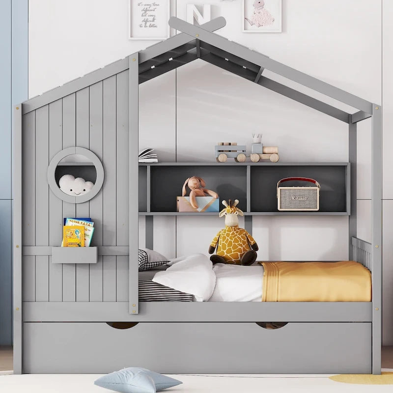 Gray Full Size Pine Wood House Bed with Trundle & Back Shelves – 1-2 Person