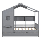 Gray Full Size Pine Wood House Bed with Trundle & Back Shelves – 1-2 Person