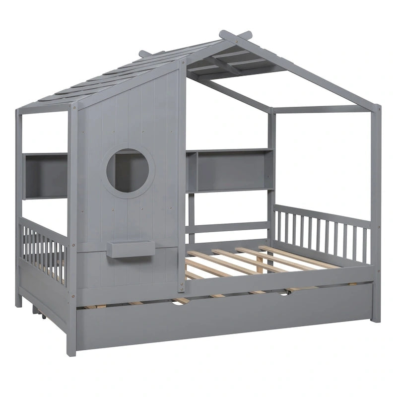 Gray Full Size Pine Wood House Bed with Trundle & Back Shelves – 1-2 Person