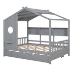 Gray Full Size Pine Wood House Bed with Trundle & Back Shelves – 1-2 Person