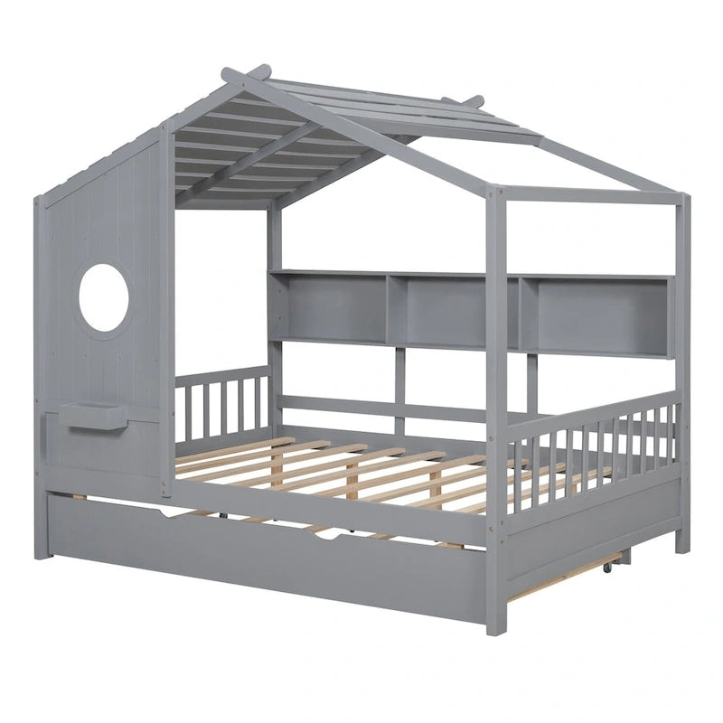 Gray Full Size Pine Wood House Bed with Trundle & Back Shelves – 1-2 Person