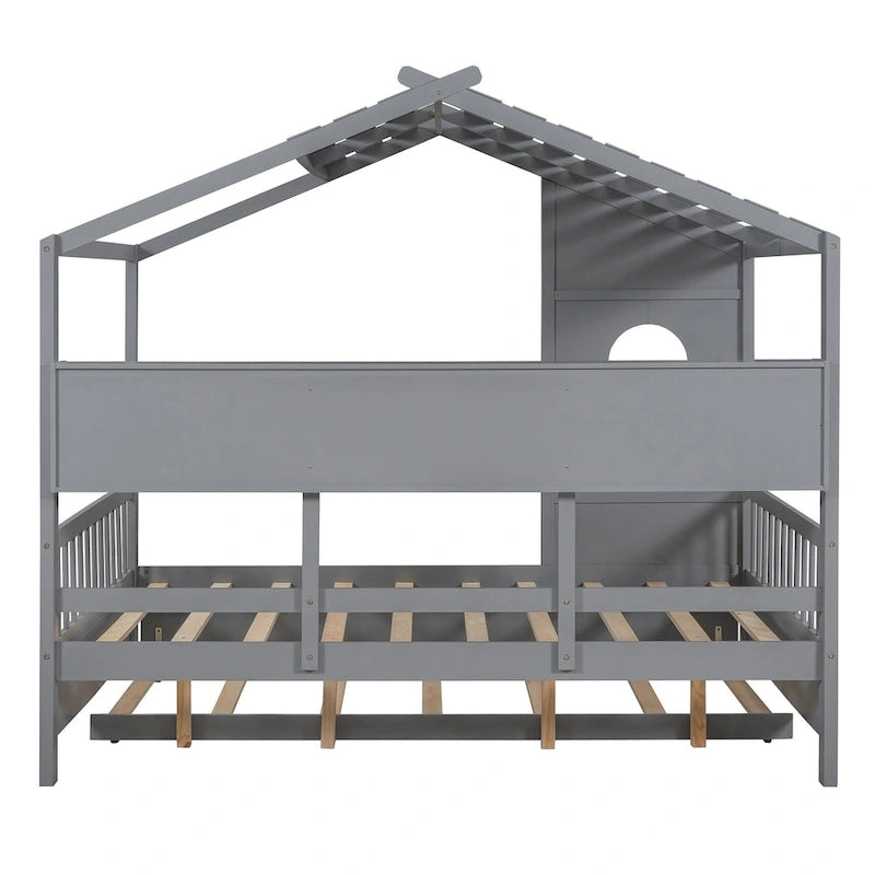Gray Full Size Pine Wood House Bed with Trundle & Back Shelves – 1-2 Person