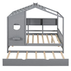 Gray Full Size Pine Wood House Bed with Trundle & Back Shelves – 1-2 Person