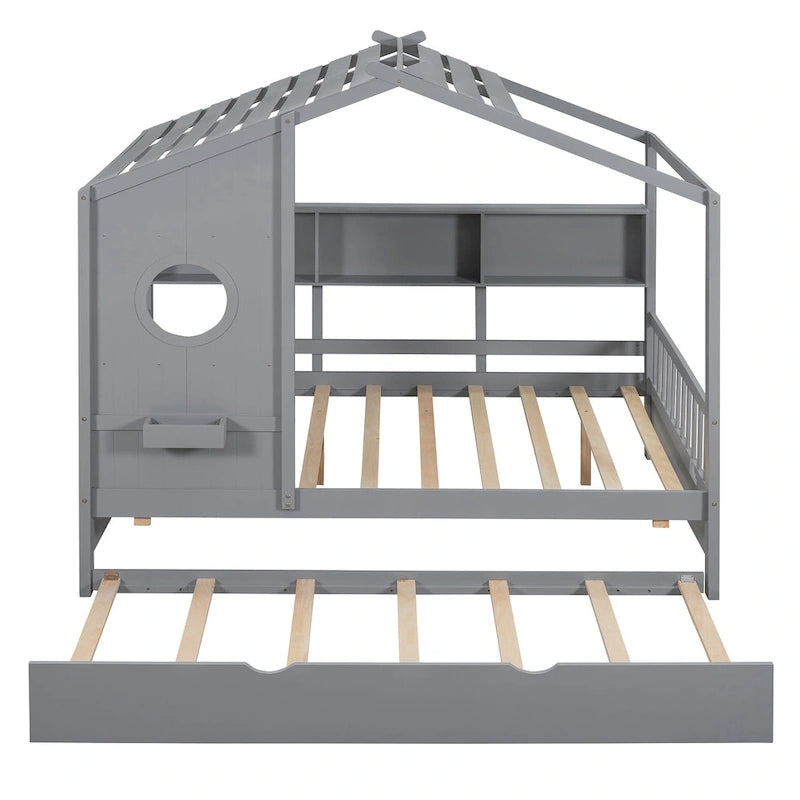 Gray Full Size Pine Wood House Bed with Trundle & Back Shelves – 1-2 Person