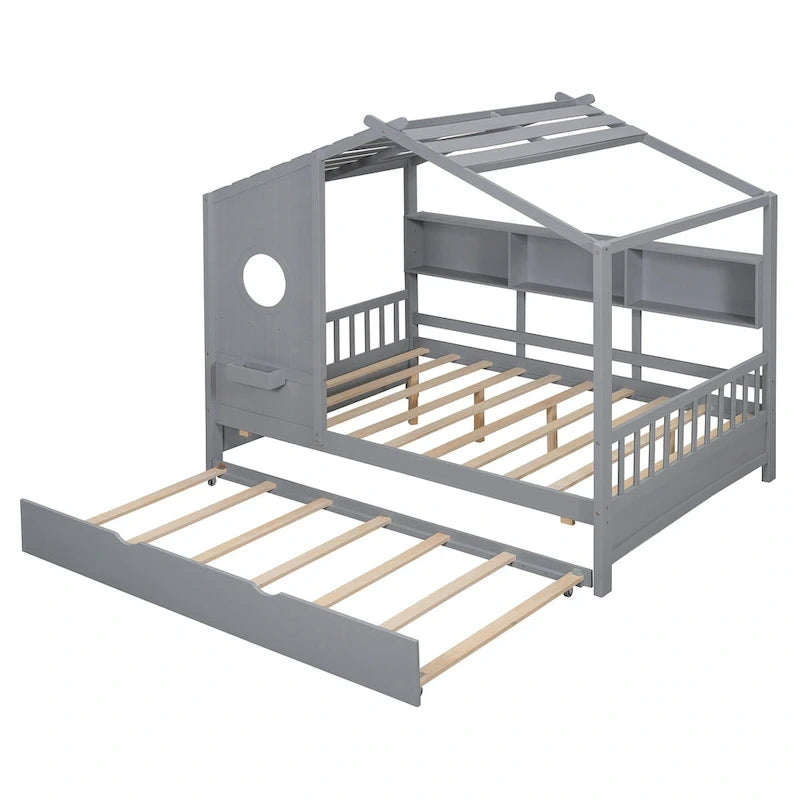 Gray Full Size Pine Wood House Bed with Trundle & Back Shelves – 1-2 Person