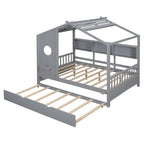 Gray Full Size Pine Wood House Bed with Trundle & Back Shelves – 1-2 Person