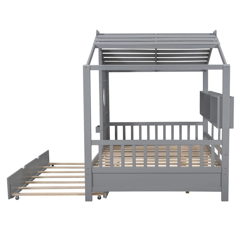 Gray Full Size Pine Wood House Bed with Trundle & Back Shelves – 1-2 Person