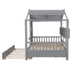 Gray Full Size Pine Wood House Bed with Trundle & Back Shelves – 1-2 Person