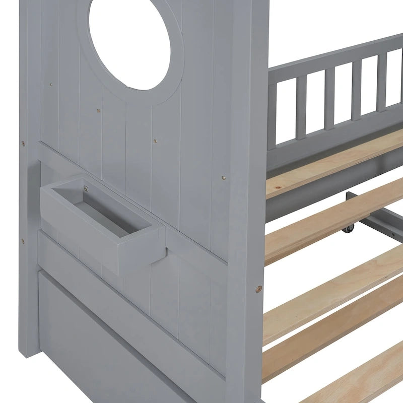 Gray Full Size Pine Wood House Bed with Trundle & Back Shelves – 1-2 Person