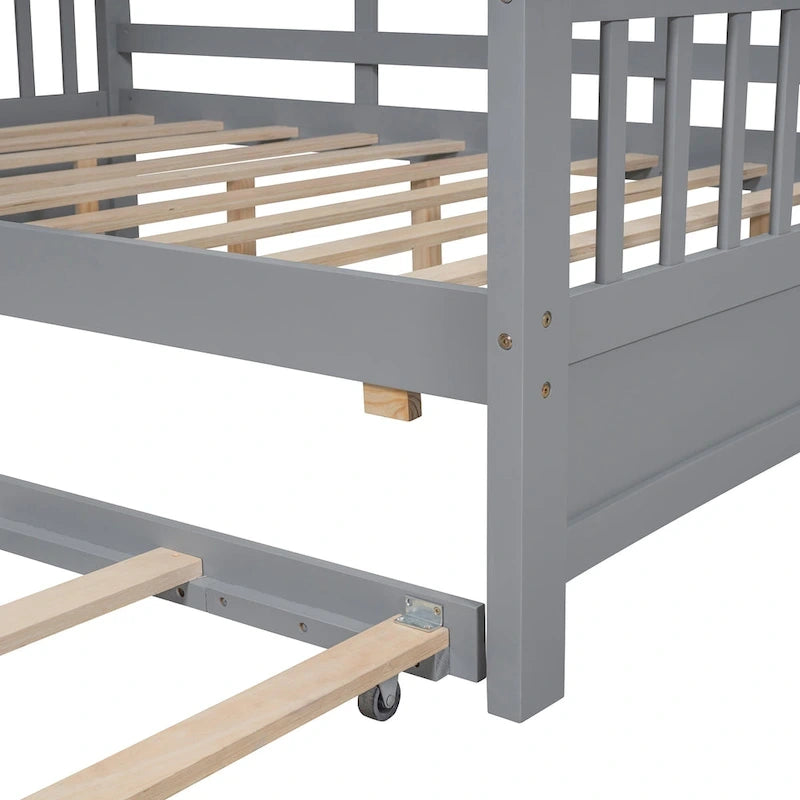 Gray Full Size Pine Wood House Bed with Trundle & Back Shelves – 1-2 Person