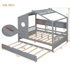 Gray Full Size Pine Wood House Bed with Trundle & Back Shelves – 1-2 Person