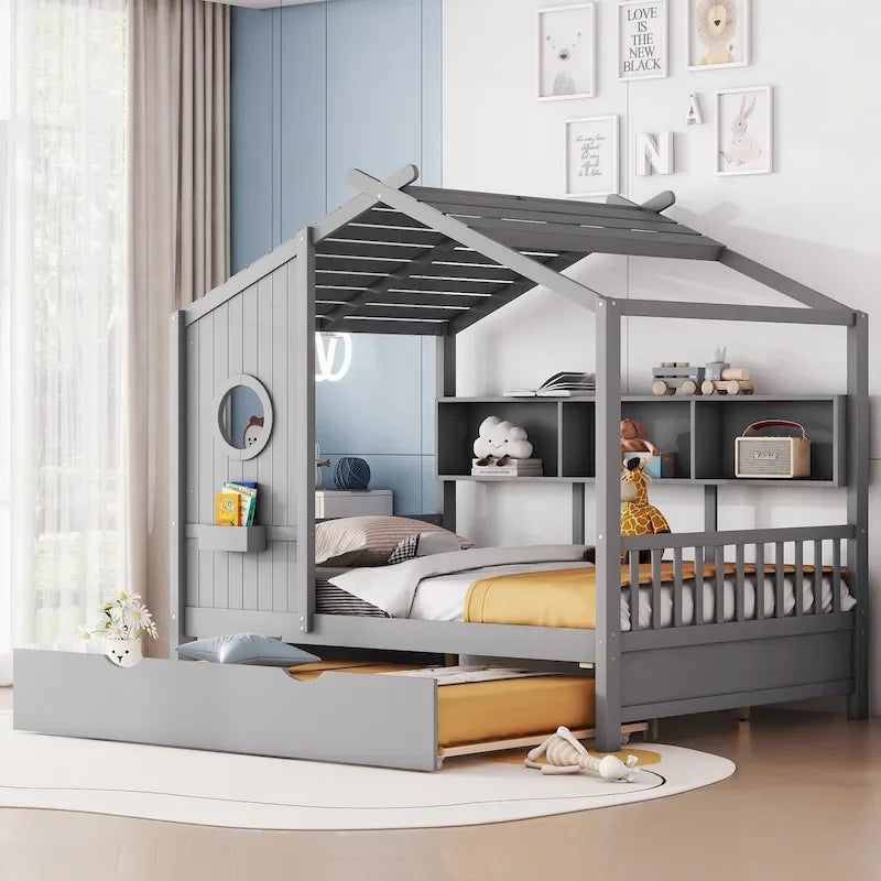 Gray / White Pinewood House-Shaped Kids Bed with Trundle & 3 Back Shelves – Twin / Full – 1 Person