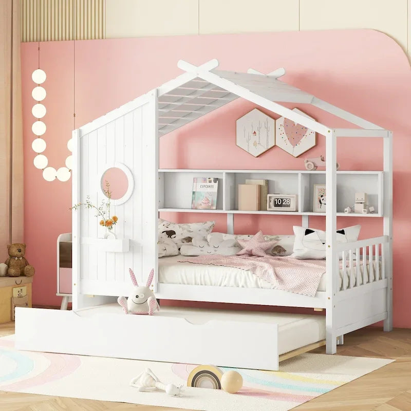 Gray / White Pinewood House-Shaped Kids Bed with Trundle & 3 Back Shelves – Twin / Full – 1 Person