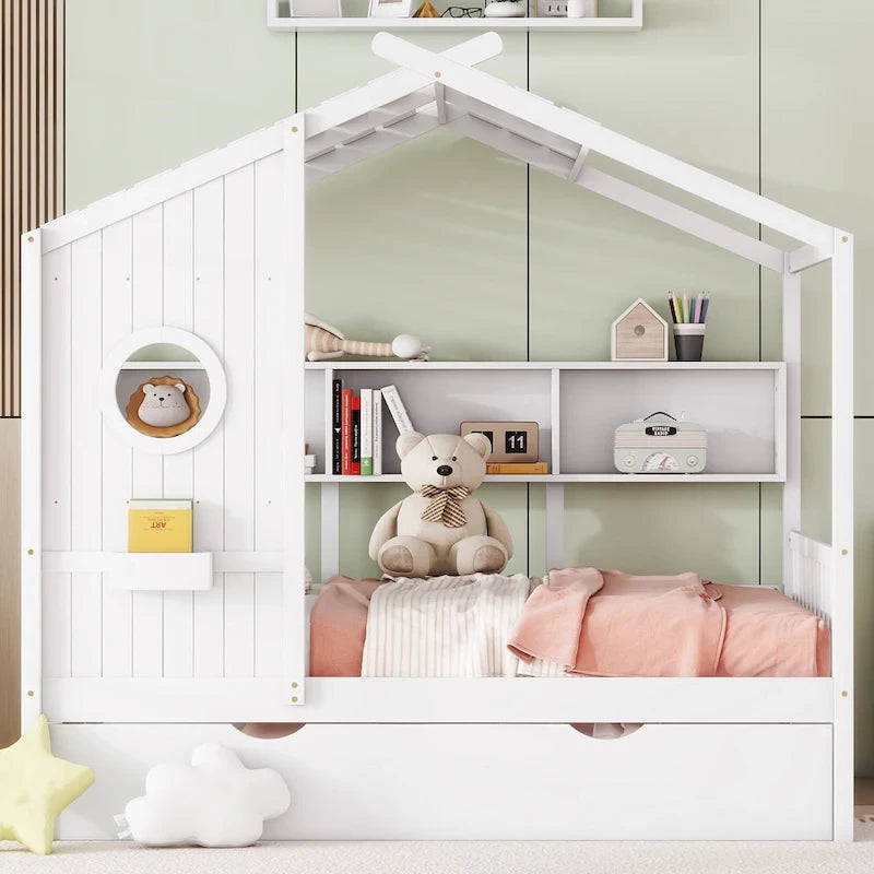 Gray / White Pinewood House-Shaped Kids Bed with Trundle & 3 Back Shelves – Twin / Full – 1 Person