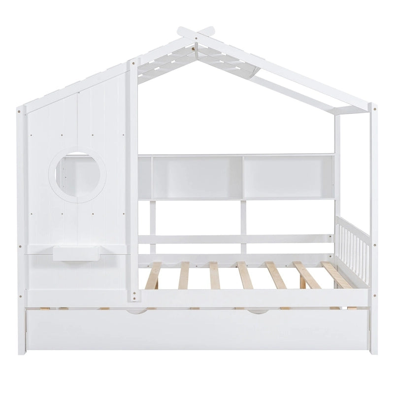 Gray / White Pinewood House-Shaped Kids Bed with Trundle & 3 Back Shelves – Twin / Full – 1 Person