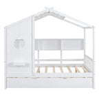 Gray / White Pinewood House-Shaped Kids Bed with Trundle & 3 Back Shelves – Twin / Full – 1 Person