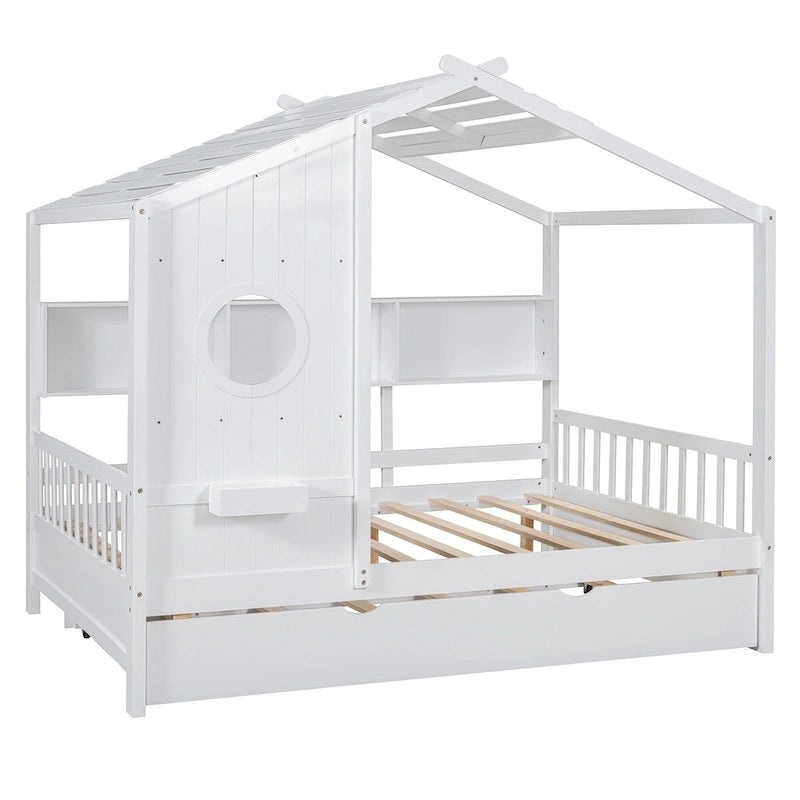 Gray / White Pinewood House-Shaped Kids Bed with Trundle & 3 Back Shelves – Twin / Full – 1 Person