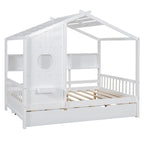 Gray / White Pinewood House-Shaped Kids Bed with Trundle & 3 Back Shelves – Twin / Full – 1 Person