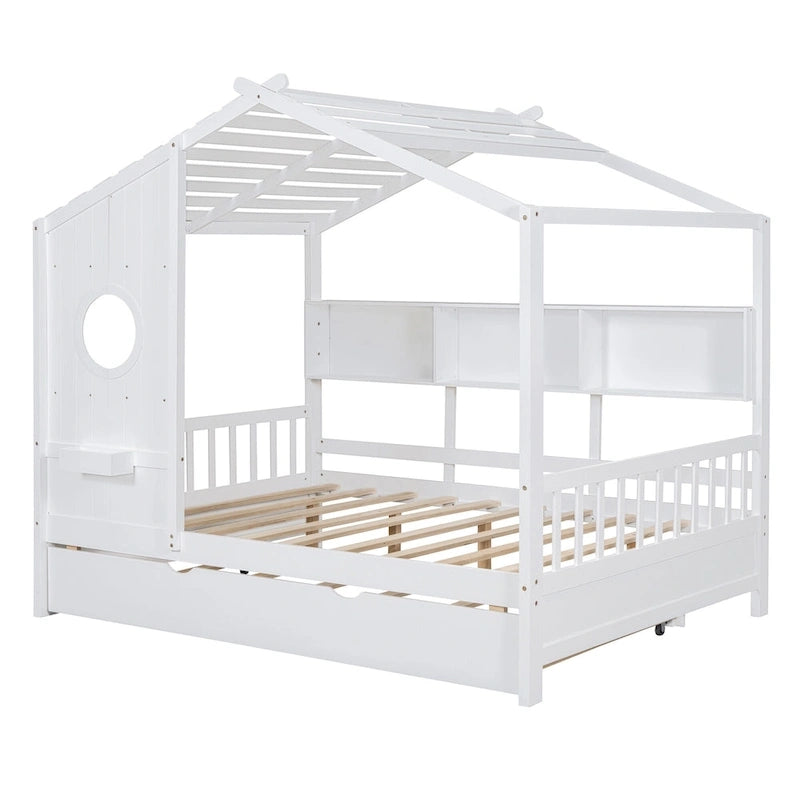 Gray / White Pinewood House-Shaped Kids Bed with Trundle & 3 Back Shelves – Twin / Full – 1 Person