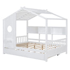 Gray / White Pinewood House-Shaped Kids Bed with Trundle & 3 Back Shelves – Twin / Full – 1 Person