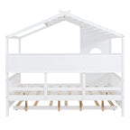 Gray / White Pinewood House-Shaped Kids Bed with Trundle & 3 Back Shelves – Twin / Full – 1 Person